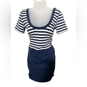 Y2K Abercrombie & Fitch Dress L Bodycon Moose Logo Ruched Stripe Navy White
